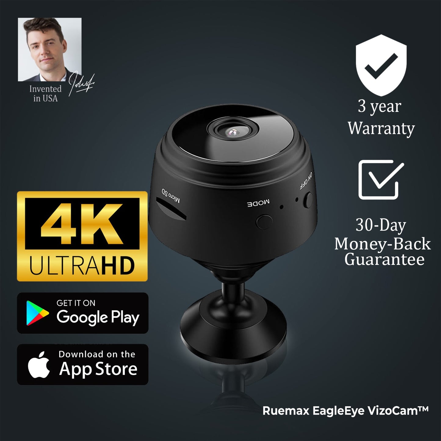 Ruemax EagleEye VizoCam™ — Ultra 4K Mini Security Camera (Magnetic Mount, Night Vision)